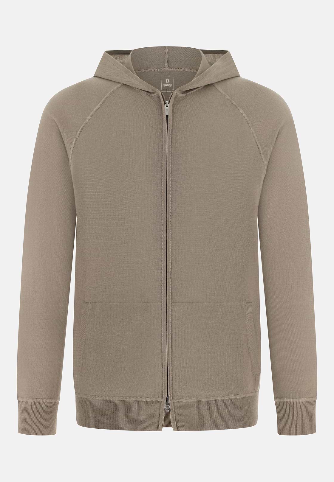 Full-Zip Knitted Hoodie in Superfine Wool, Taupe, hi-res, 5
