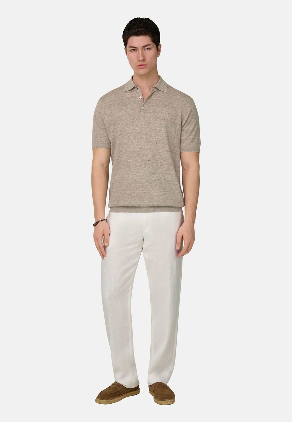 Linen and Cotton Knitted Polo Shirt, Taupe, hi-res