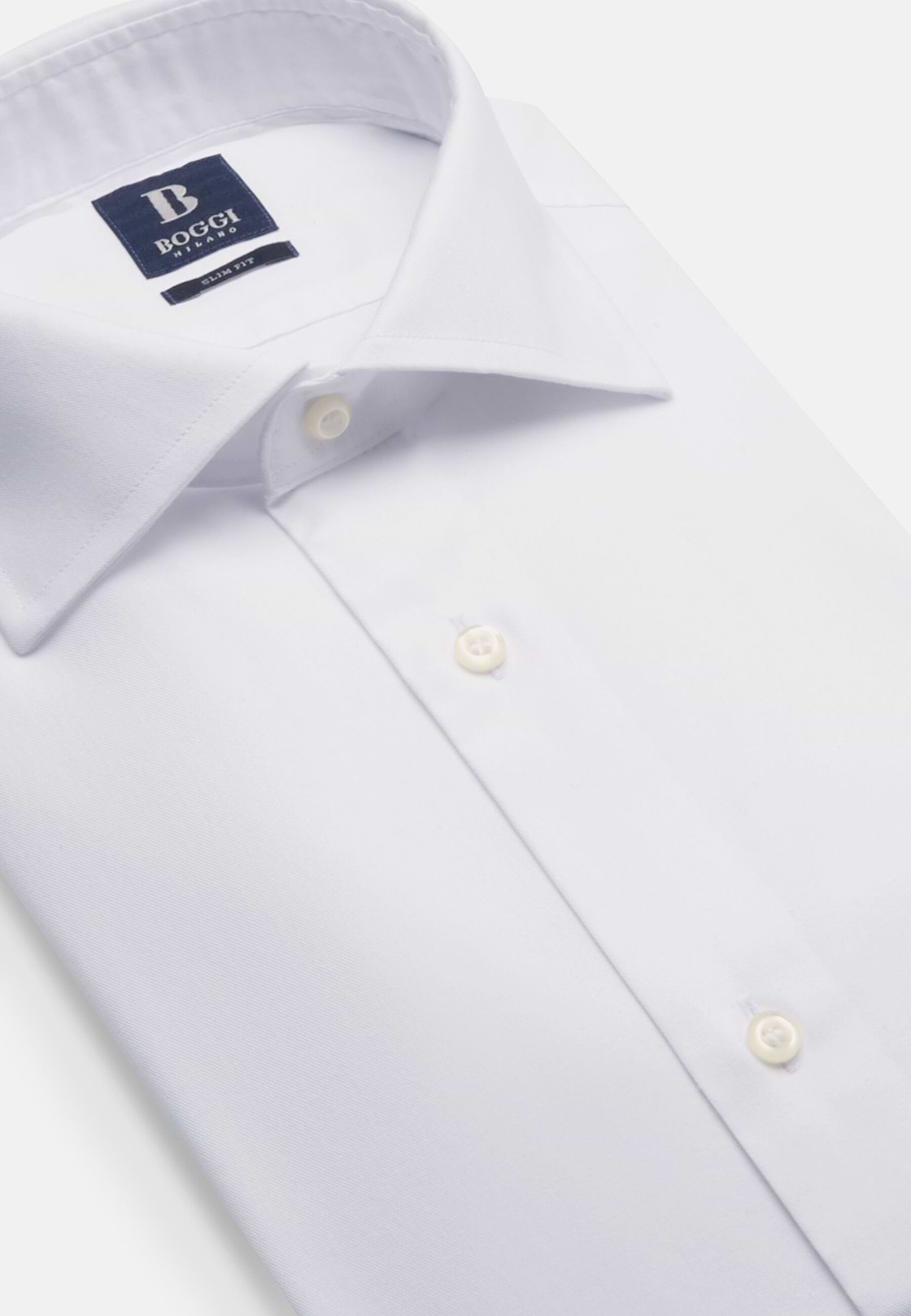 Slim Fit White Cotton Twill Shirt, White, hi-res