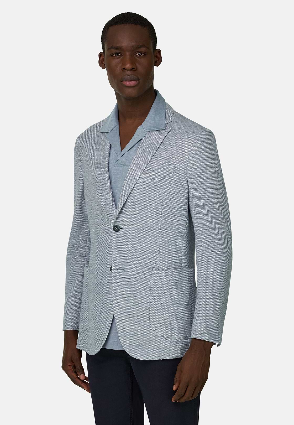 Giacca Micro Struttura In Misto Lino E Cotone B Jersey, Blu, hi-res, 1