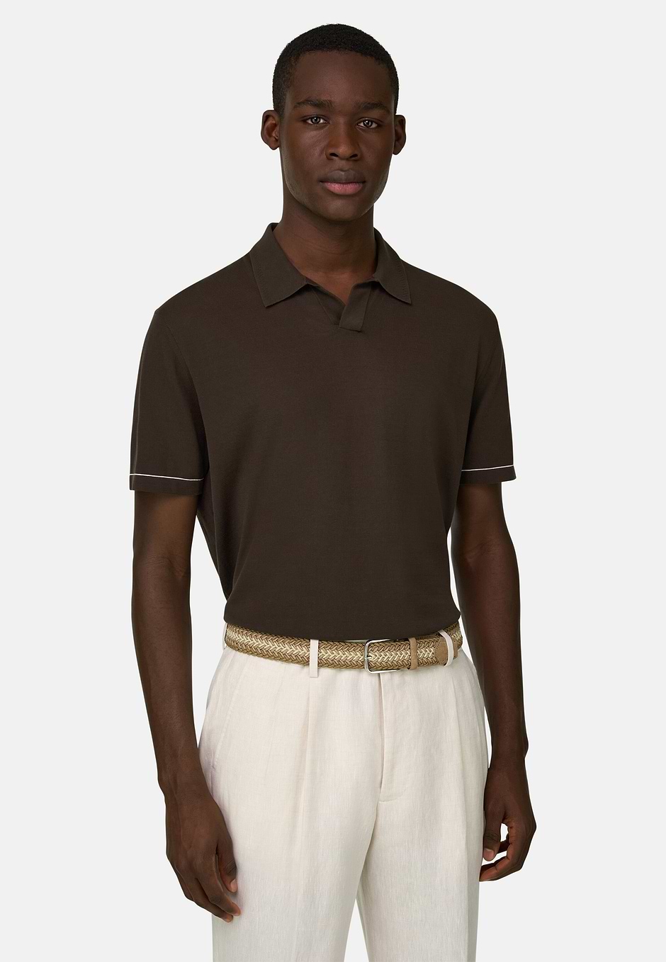 Cotton Crêpe Knit Polo Shirt, Brown, hi-res