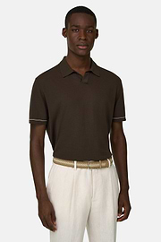 Strick-Poloshirt Aus Baumwollkrepp, Dunkelbraun, thumb, 1