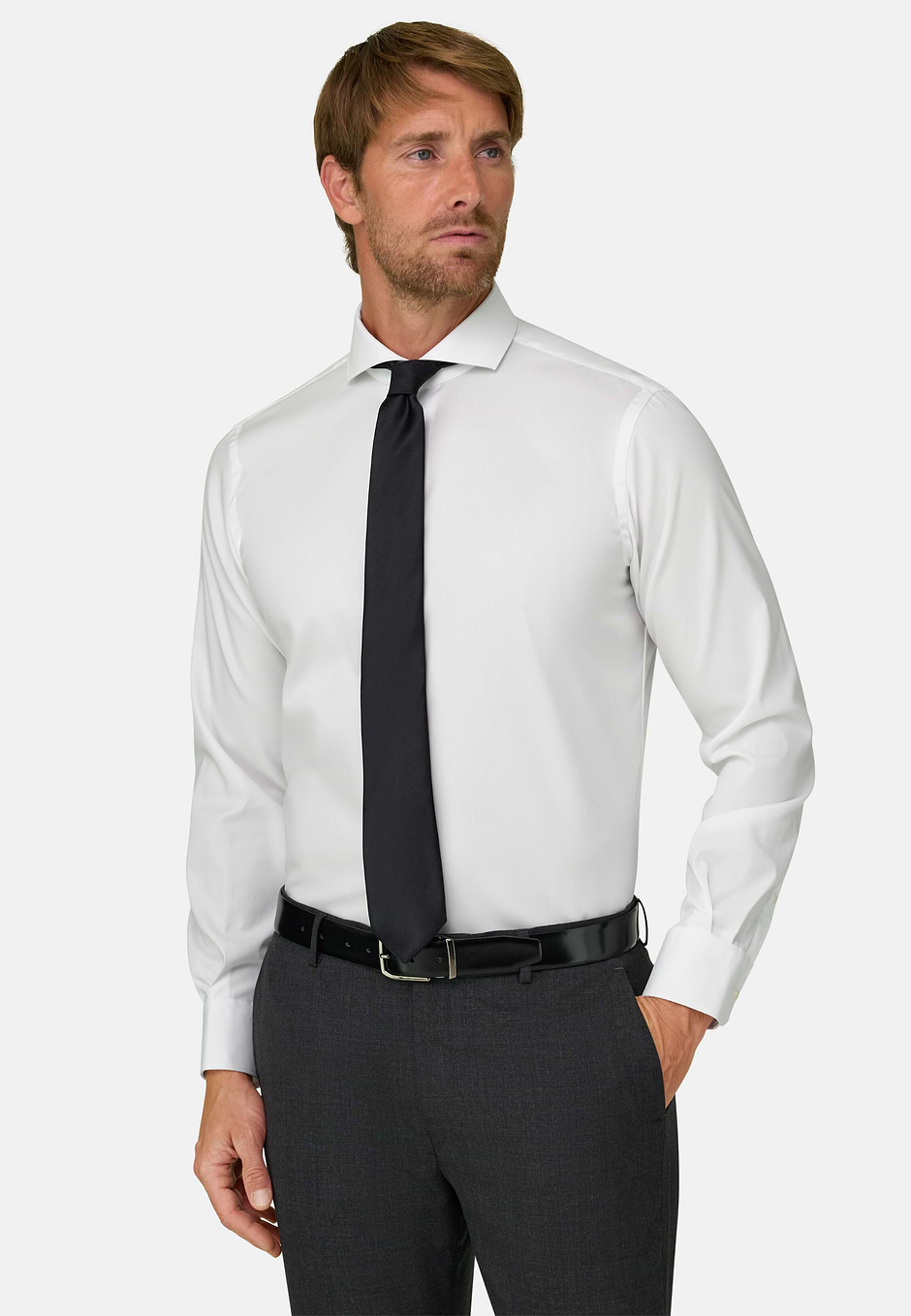 Regular Fit Pinpoint Cotton Shirt Open Collar, White, hi-res
