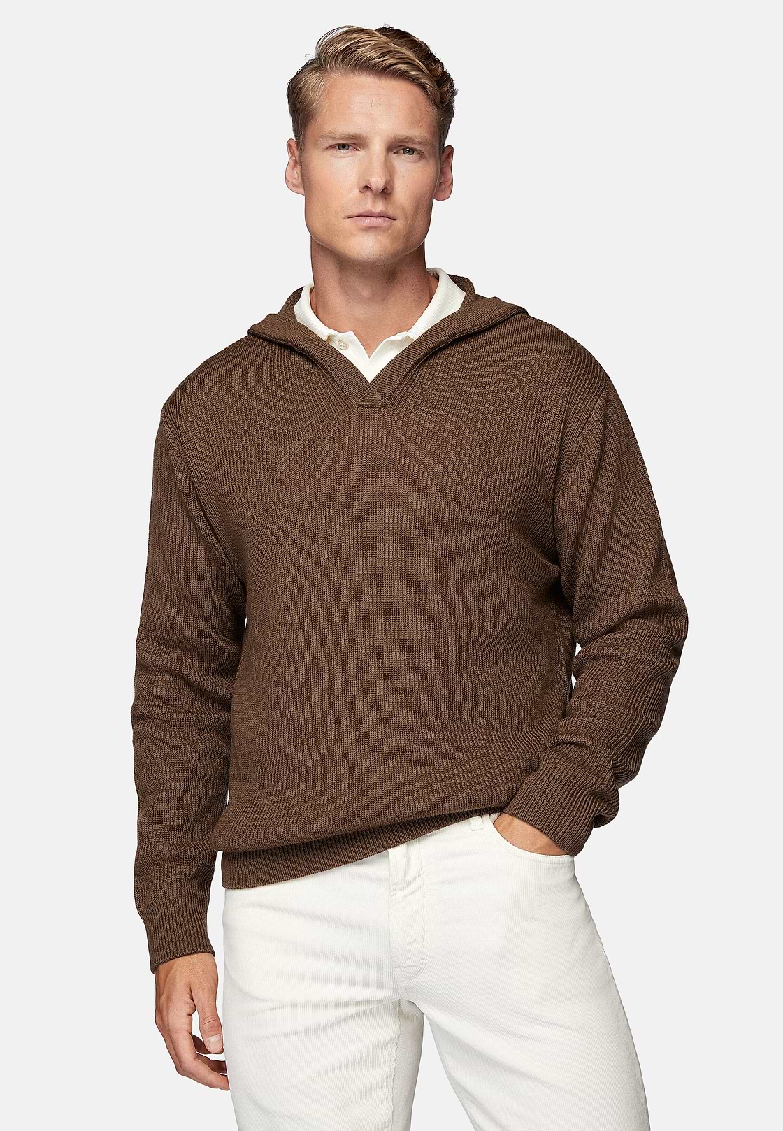 Haselnussfarbener Pullover Mit V-Ausschnitt und Kapuze Aus Merinowolle, Haselnuss, hi-res