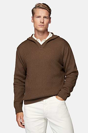 Haselnussfarbener Pullover Mit V-Ausschnitt und Kapuze Aus Merinowolle, Haselnuss, hi-res