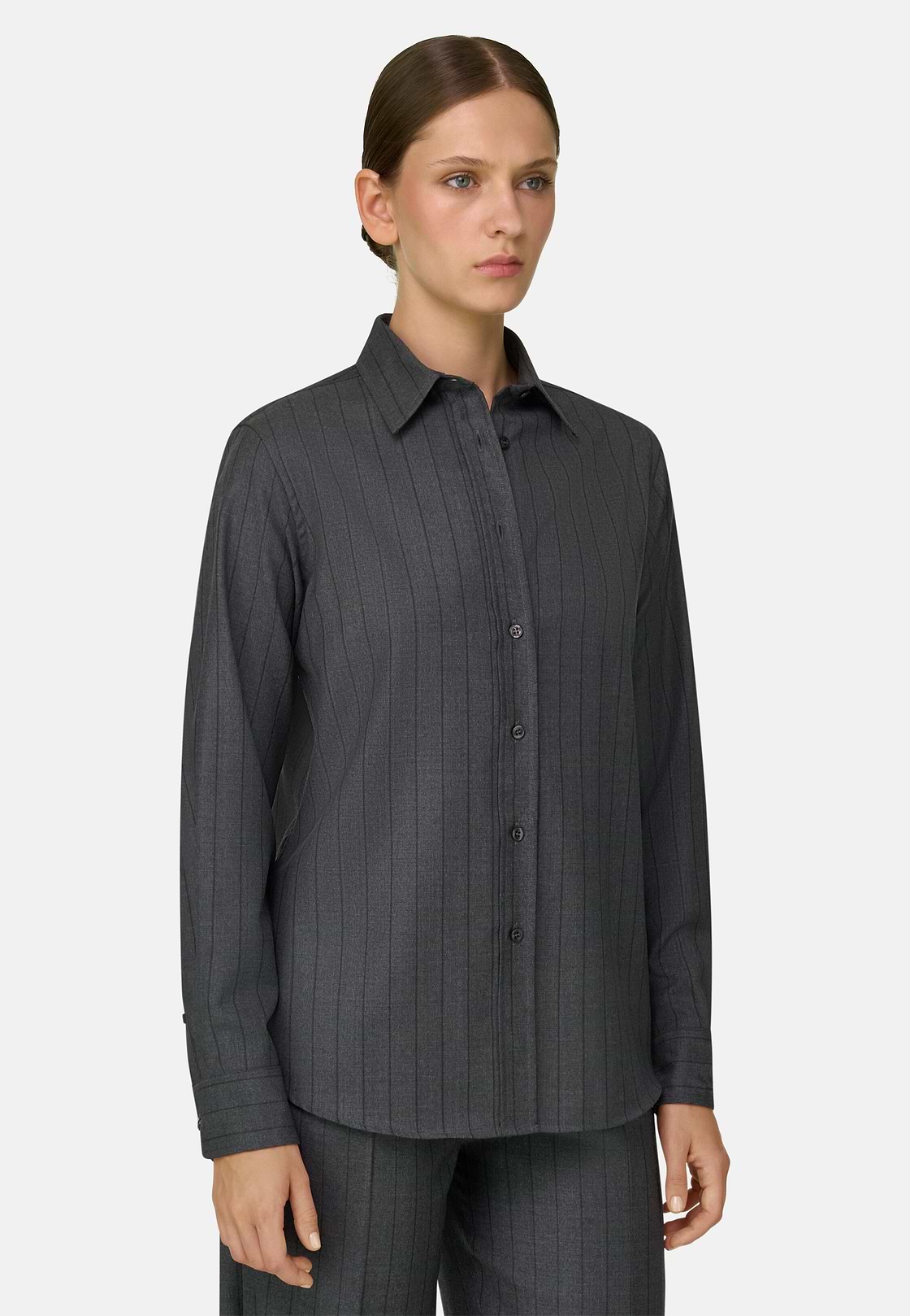 Pinstripe Wool Shirt with Open Collar, Grey, hi-res, 1