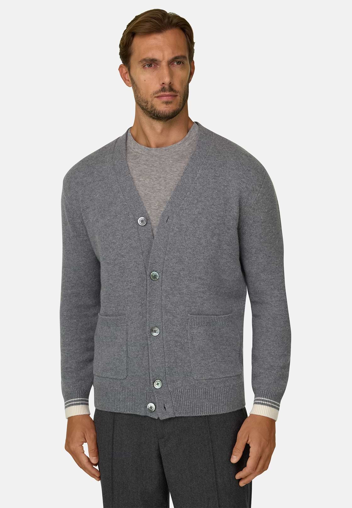 Cardigan in Superfine Merino Wool, Grey, hi-res, 1