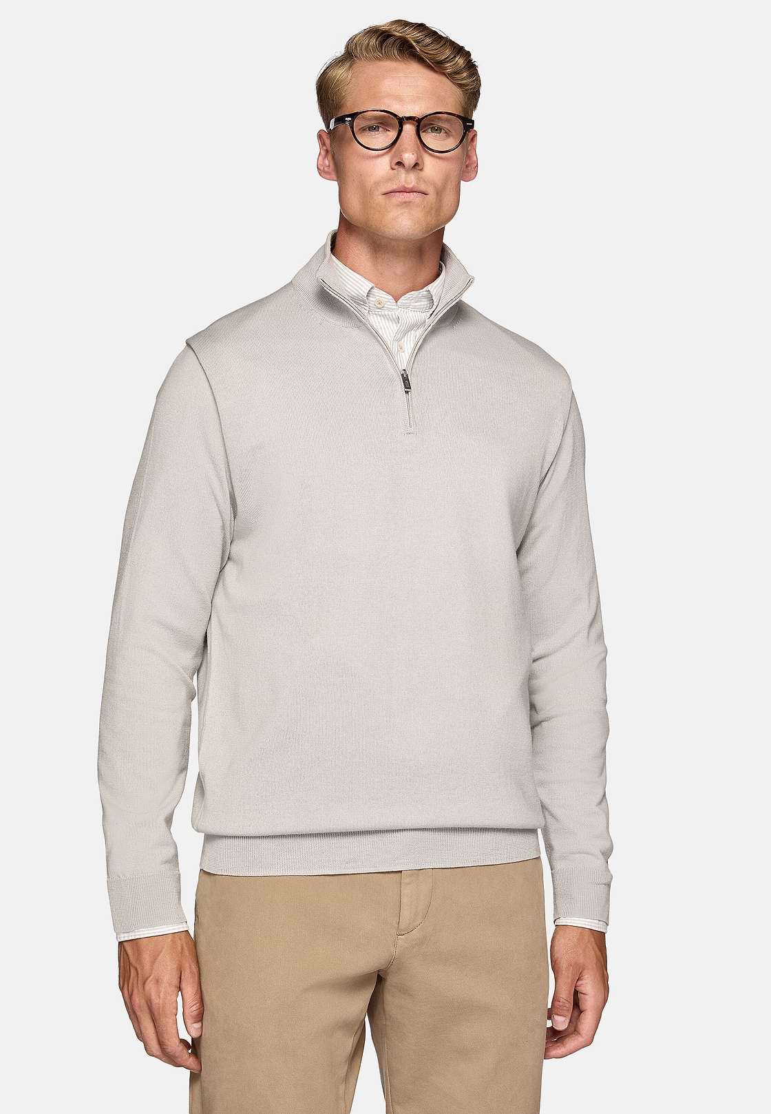 Light Grey Merino Wool Half-Zip Jumper, Light grey, hi-res