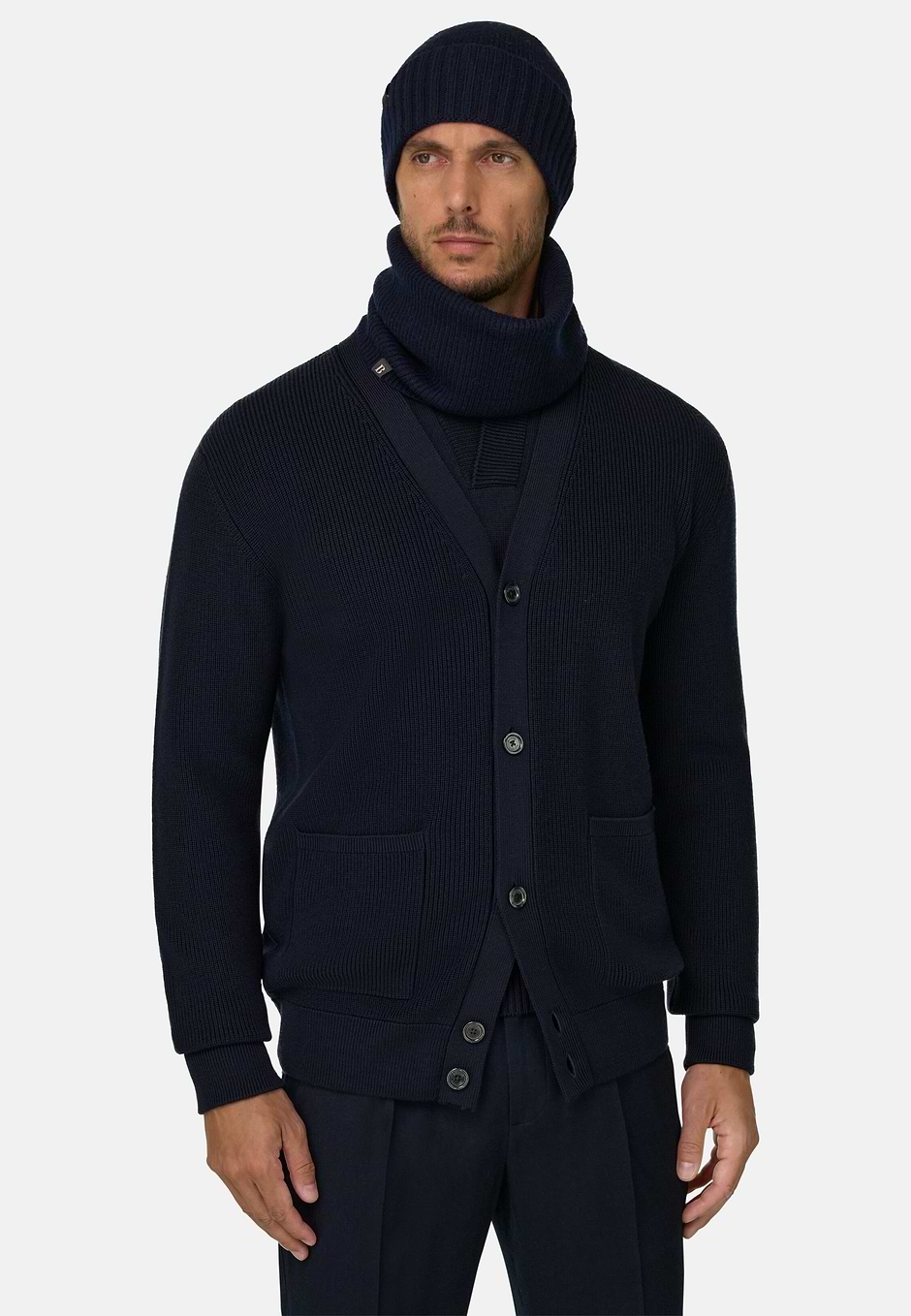 Cardigan in Extrafine Merino Wool, Navy blue, hi-res