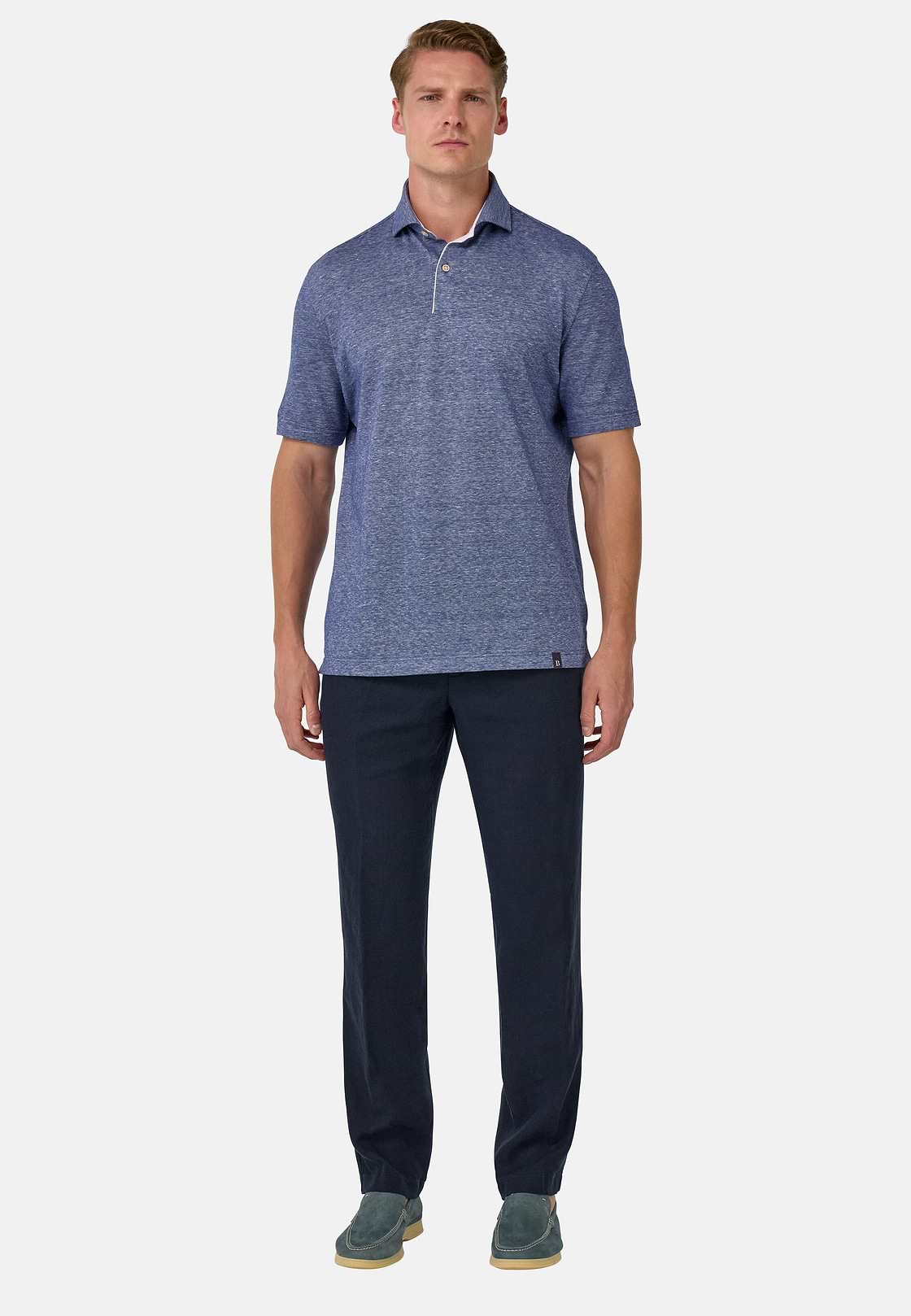 Cotton/Linen Piqué Polo Shirt, Blue, hi-res