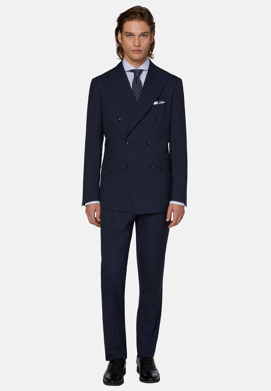 Double-Breasted Navy Houndstooth Suit in Wool, Navy blue, hi-res