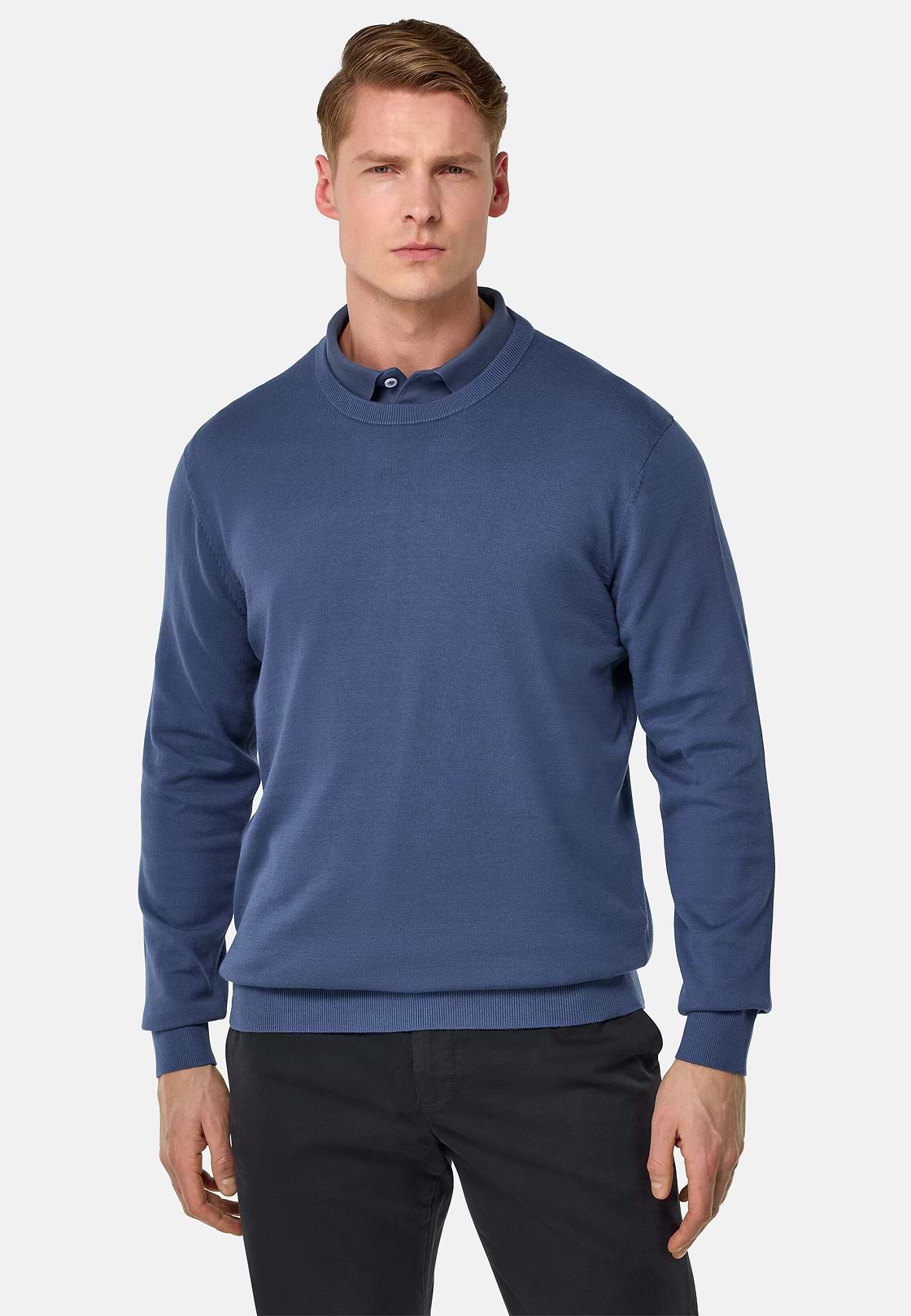 Cotton Crew Neck Jumper, Indigo, hi-res