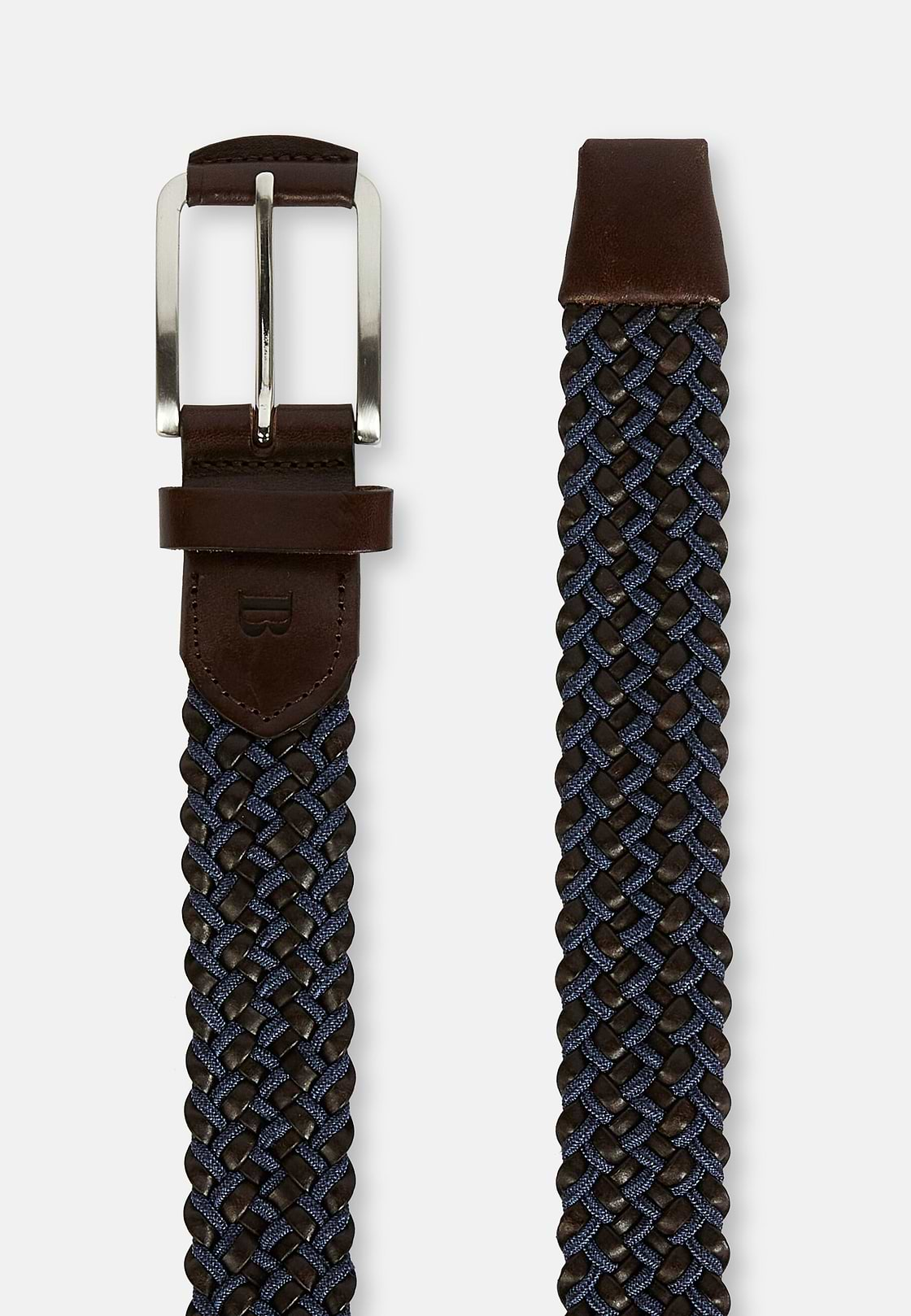 Stretch Leather/Fabric Woven Belt, Brown, hi-res