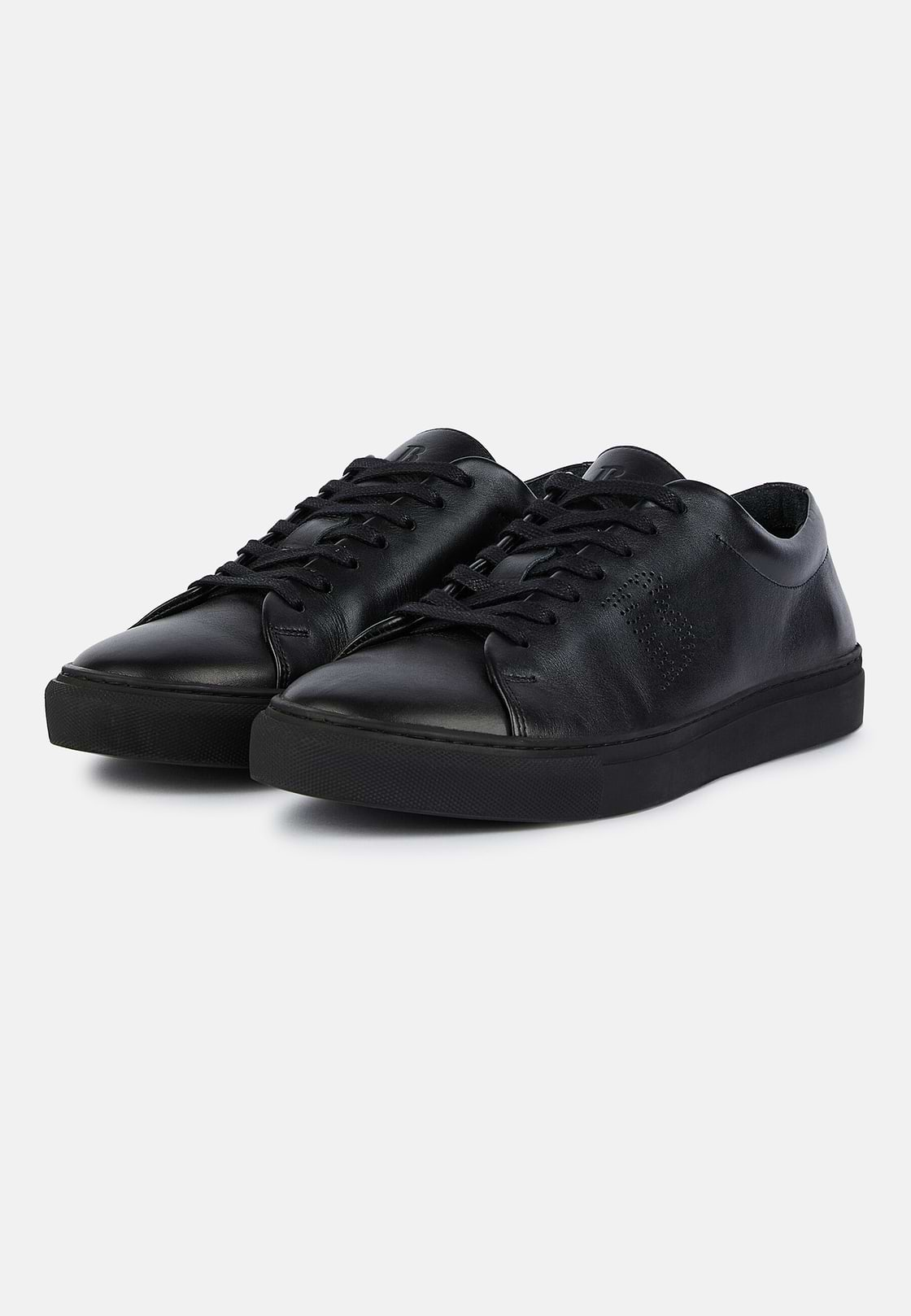 Black Leather Trainers with Logo, Black, hi-res