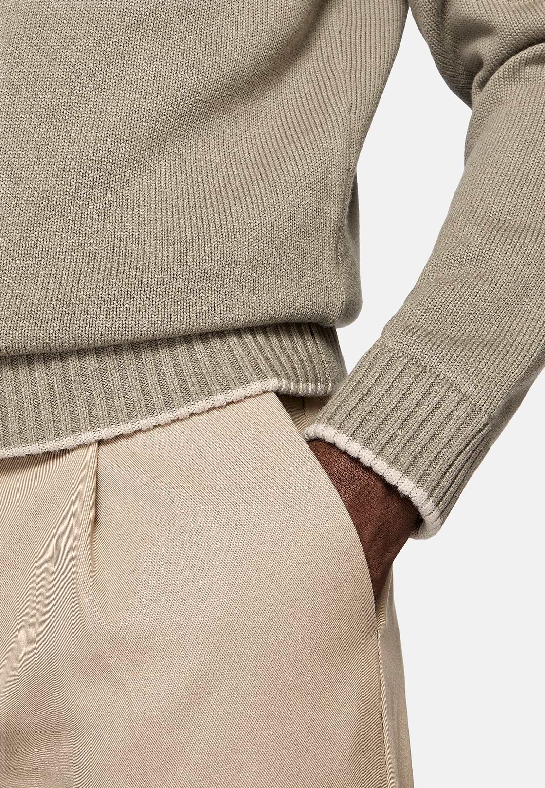 Pull Taupe À Col En V En Laine Et Coton Bio, Taupe, hi-res