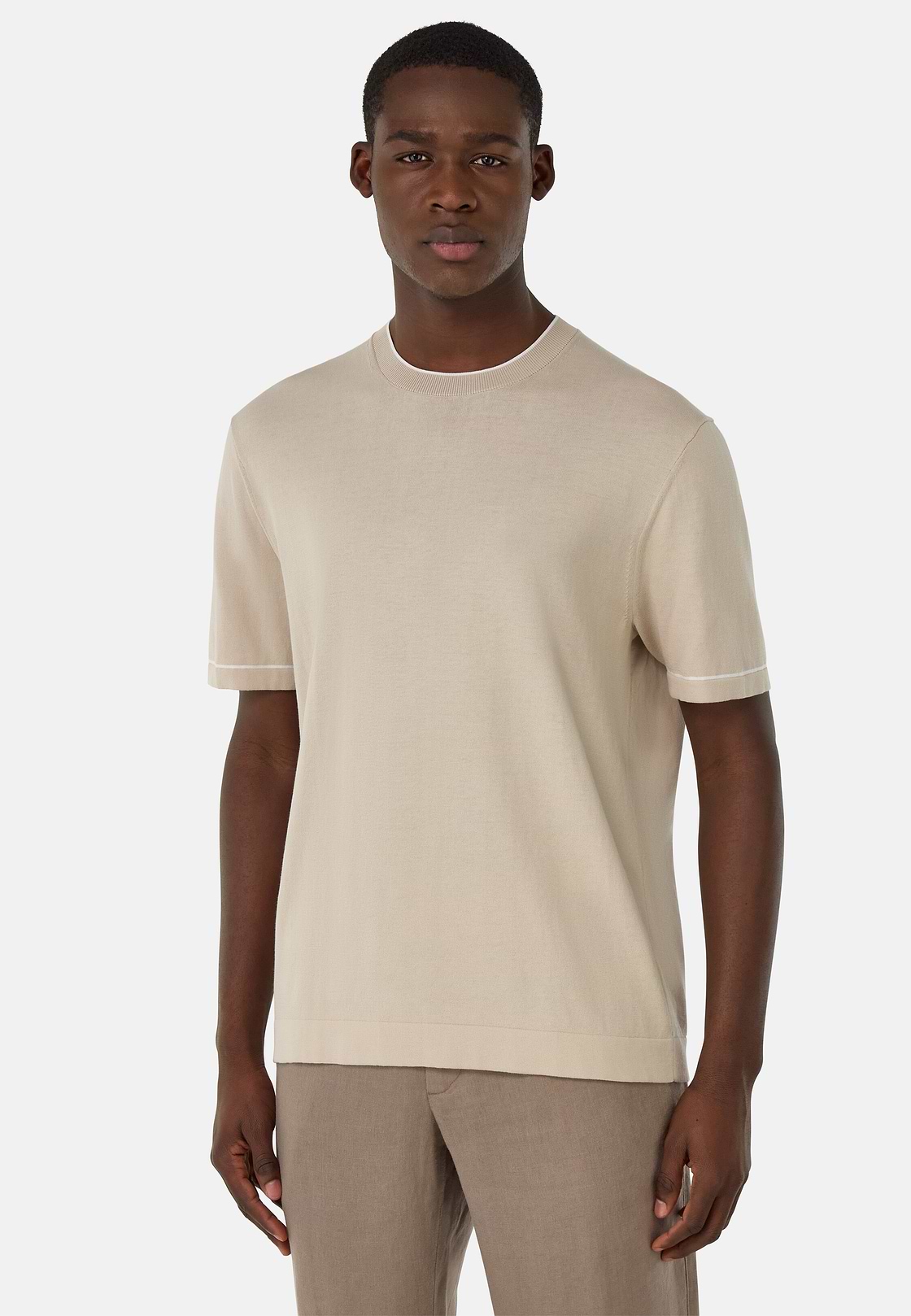 Cotton Crêpe Knit T-Shirt, Sand, hi-res
