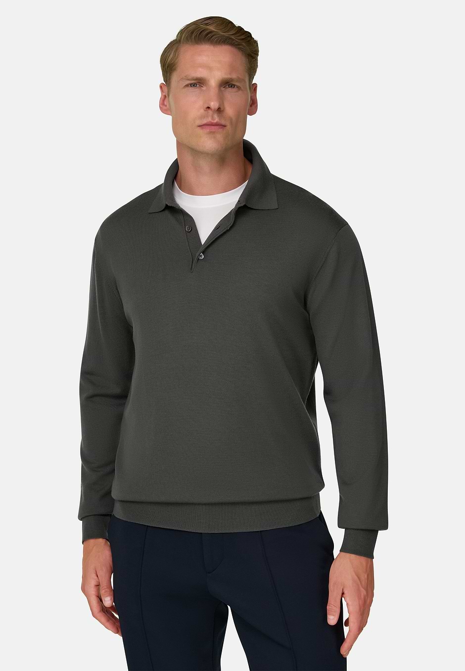 Knitted Polo Shirt in Merino, Military Green, hi-res