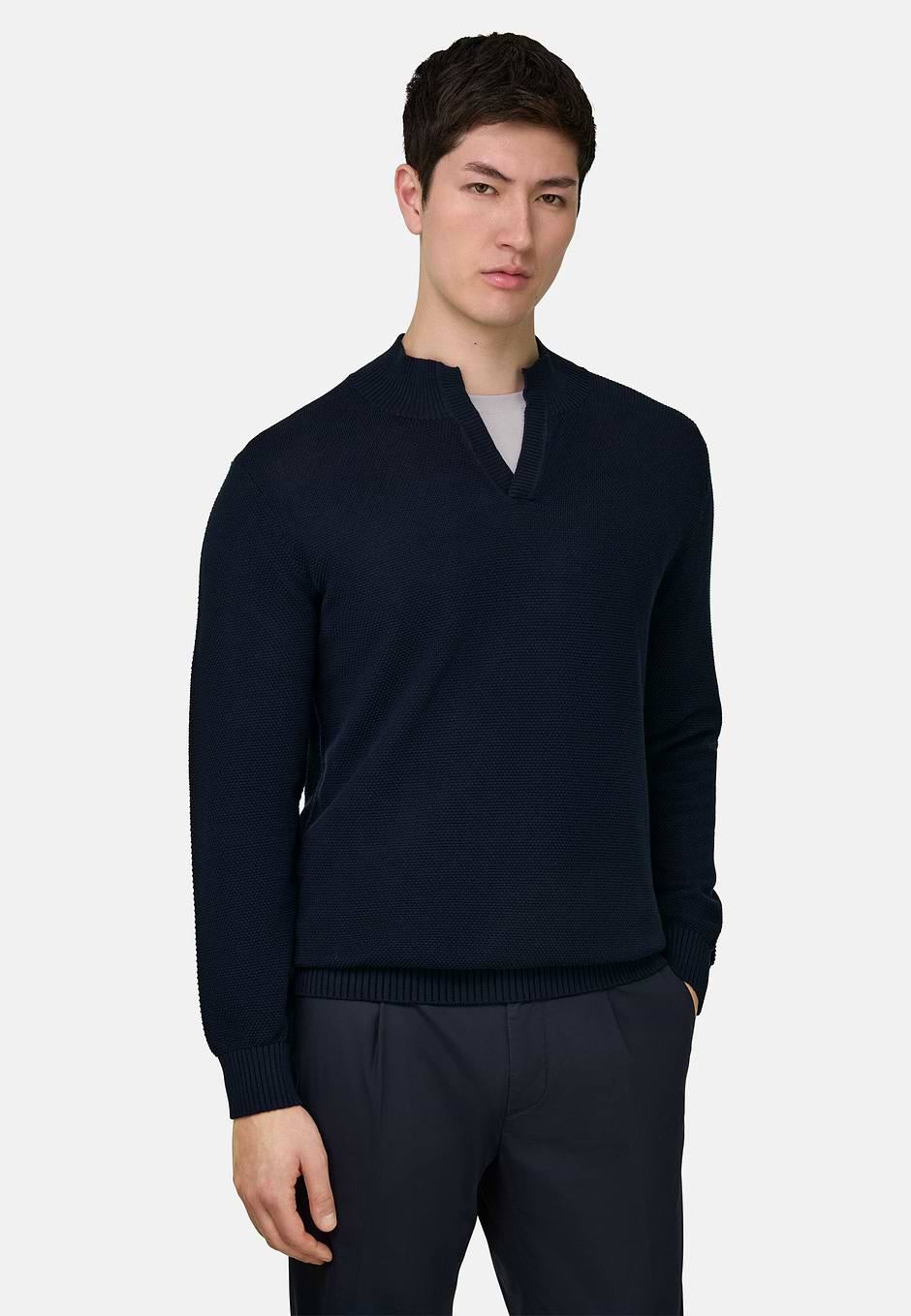 Stehkragenpullover Aus Baumwolle, Navy blau, hi-res