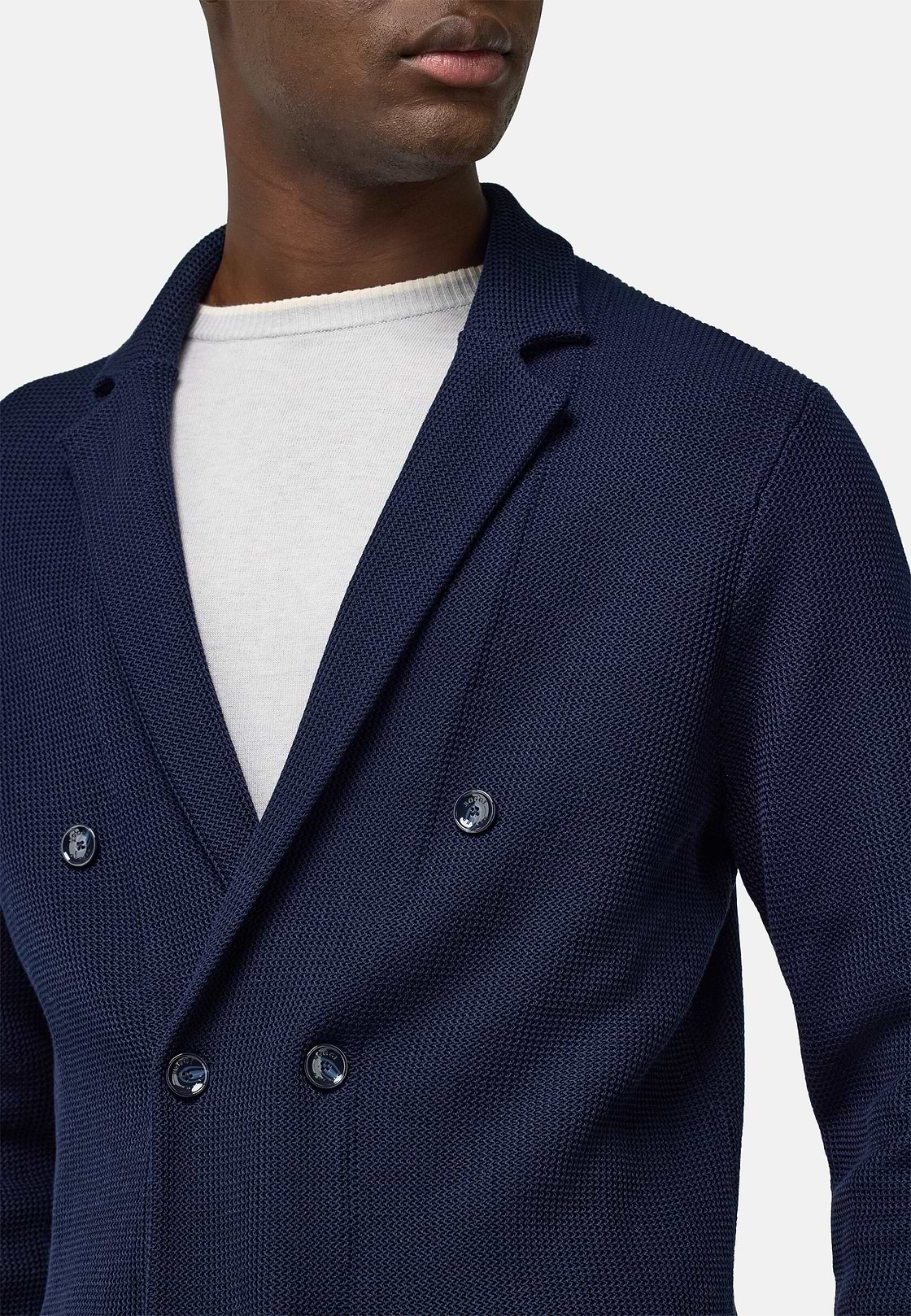 Double-Breasted Knitted Jacket in Cotton Crêpe, Navy blue, hi-res