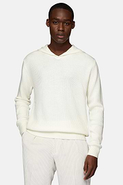 Weißer Pullover Mit V-Ausschnitt und Kapuze Aus Merinowolle, Weiß, hi-res