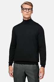 Black Merino Wool Polo Neck Jumper, Black, hi-res