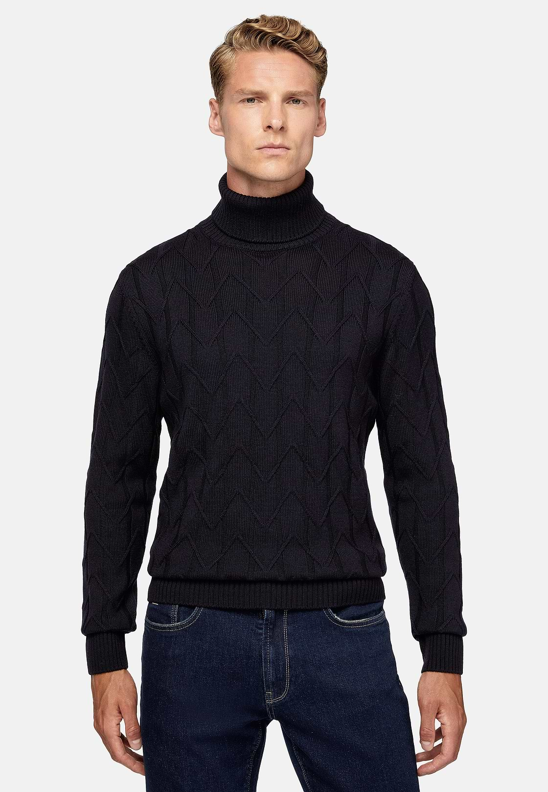 Rollkragenpullover Aus Merinowolle, Navy blau, hi-res