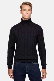 Navy Merino Wool Polo Neck Pullover, Navy blue, hi-res