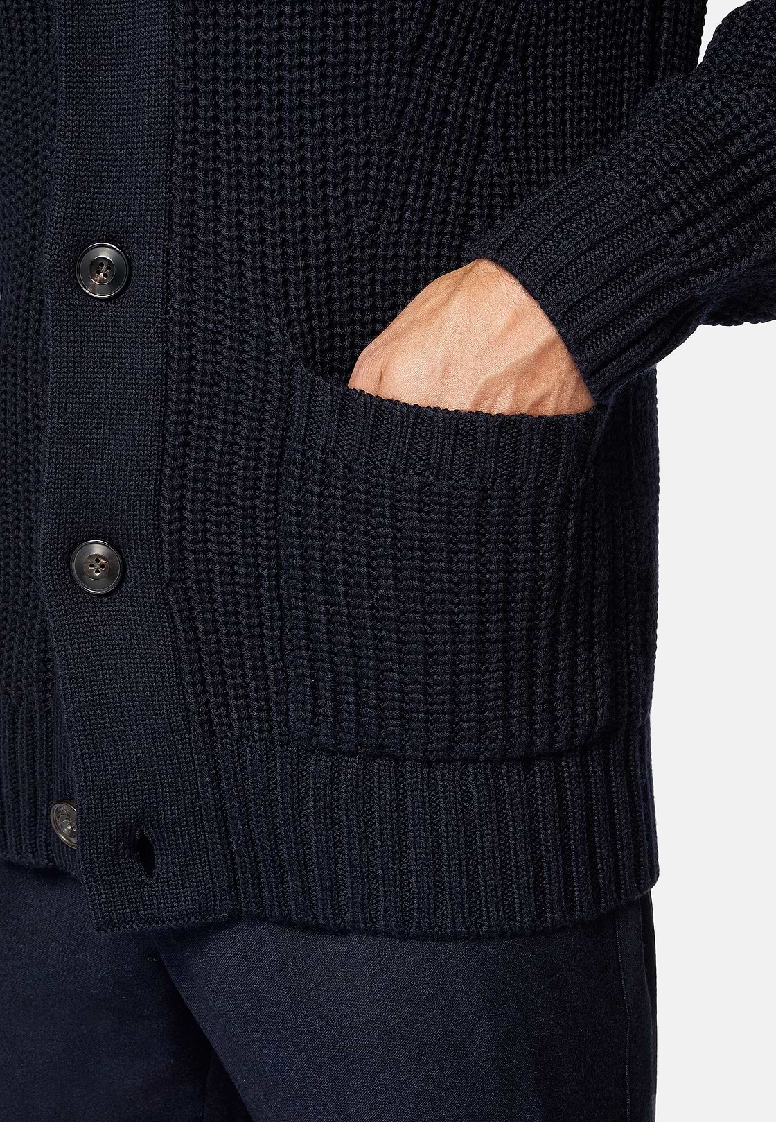 Navy Shawl Neck Cardigan In Merino Wool, Navy blue, hi-res