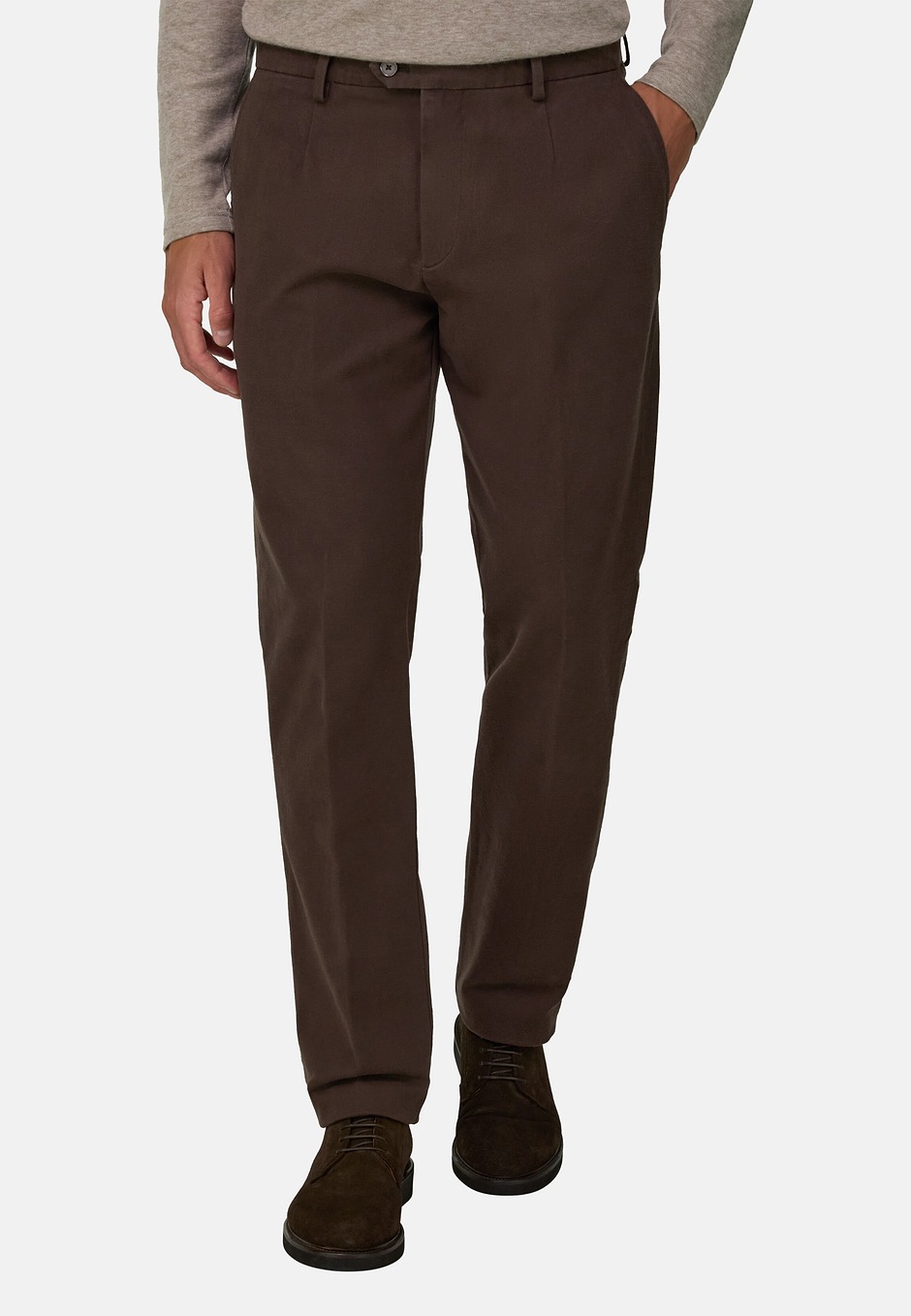 Trousers in Stretch Cotton, Brown, hi-res
