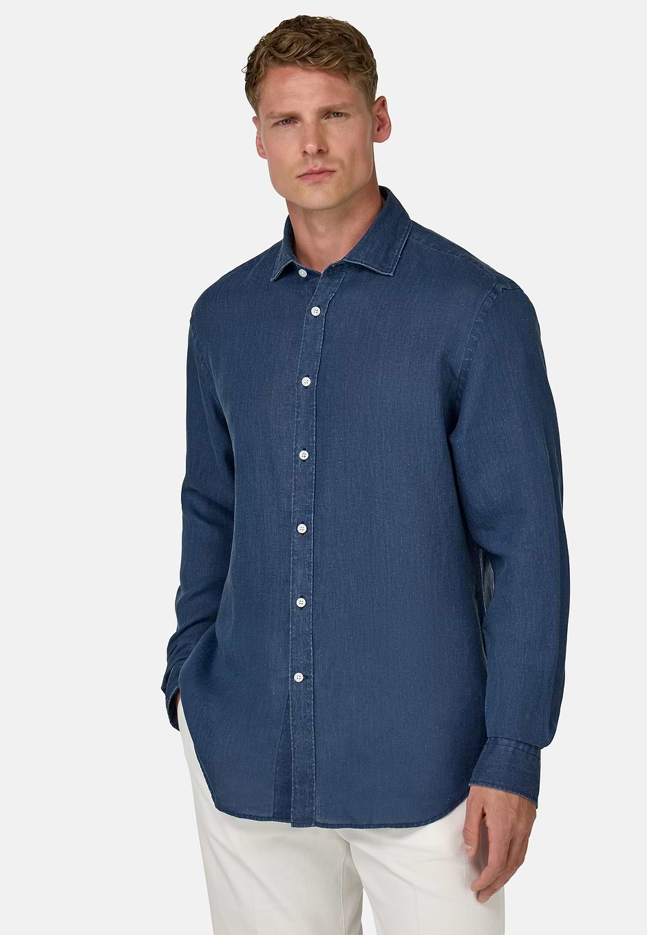 Camisa De Lino Regular Fit, Azul  Marino, hi-res