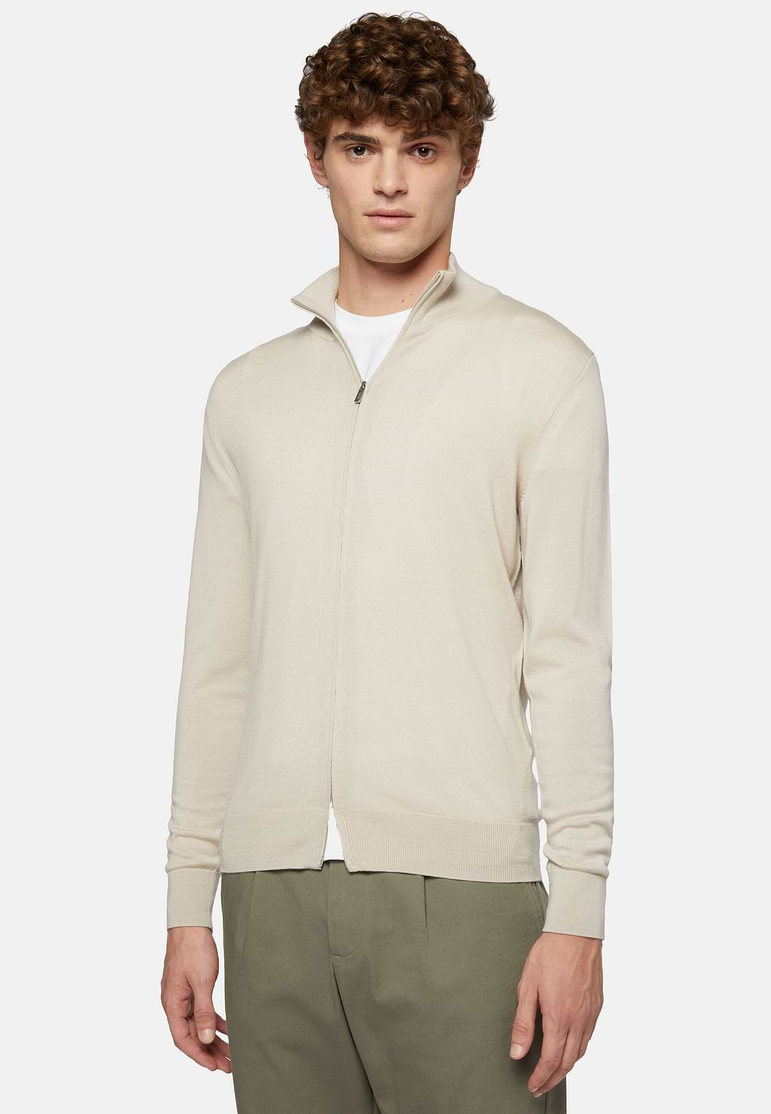 Beige Full Zip Jumper In Merino Wool, Beige, hi-res