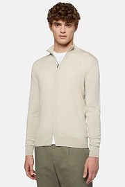 Beige Full Zip Jumper In Merino Wool, Beige, hi-res