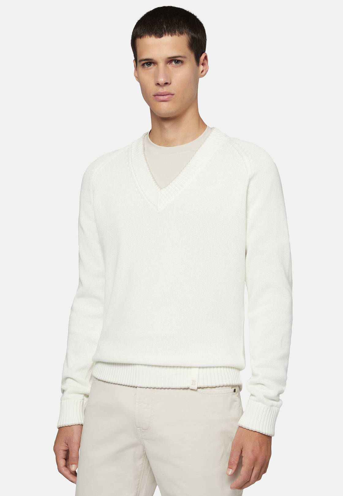 White V Neck Jumper In Organic Cotton, White, hi-res