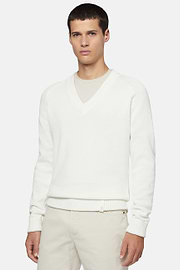 White V Neck Jumper In Organic Cotton, White, hi-res