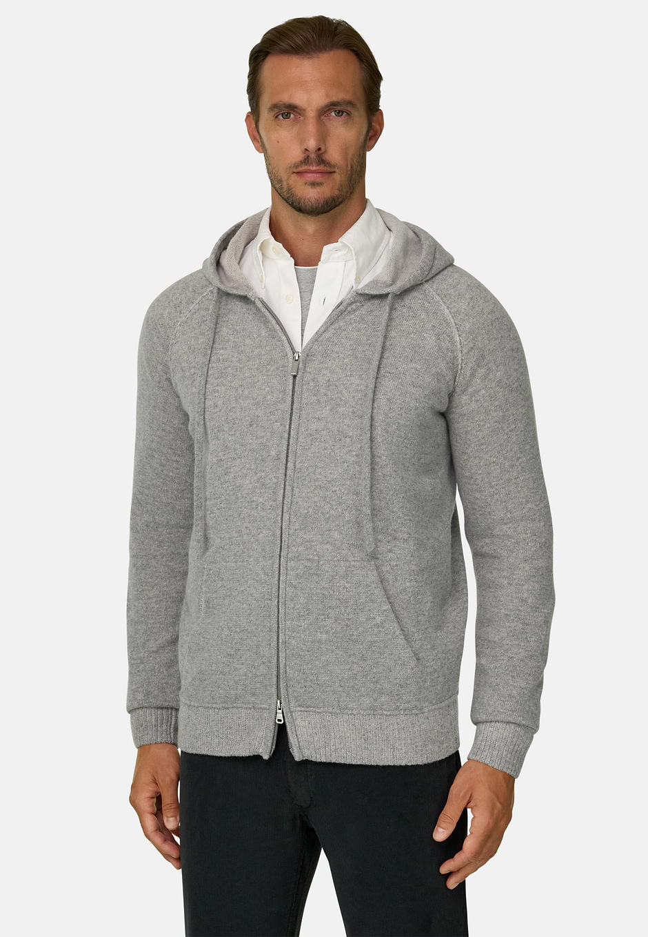 Sudadera de Punto con Cremallera Completa y Capucha Mezcla Cashmere, Gris, hi-res