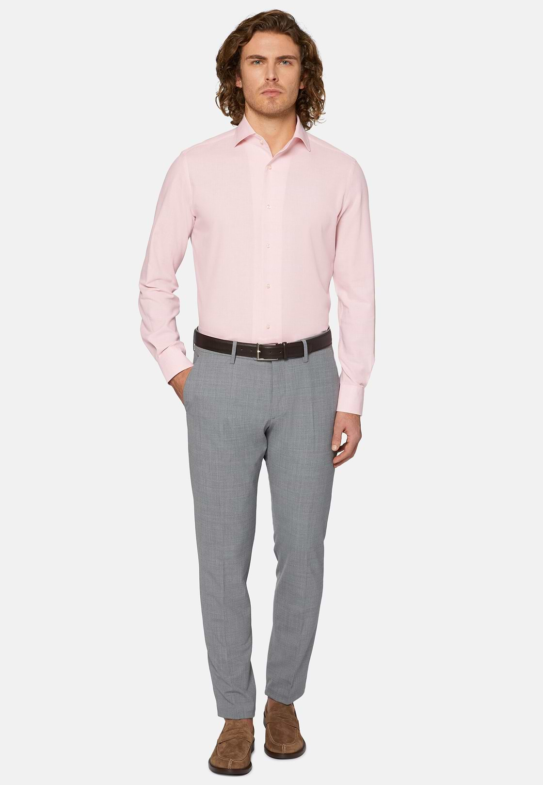 Camisa Rosa De Algodón Dobby Regular Fit, Rosado, hi-res