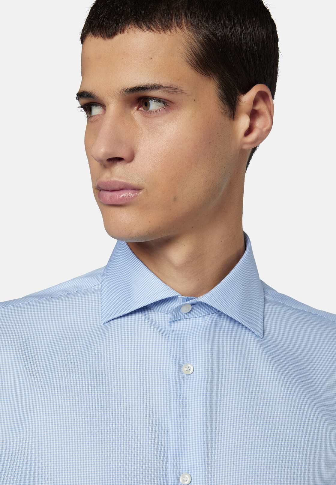 Chemise Bleu Clair Pied-de-poule En Coton Regular Fit, Bleu clair, hi-res