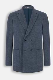 BROOKLYN | Double-Breasted Micro Patterned Blazer in Cotton and Wool, Indigo, thumb, 6