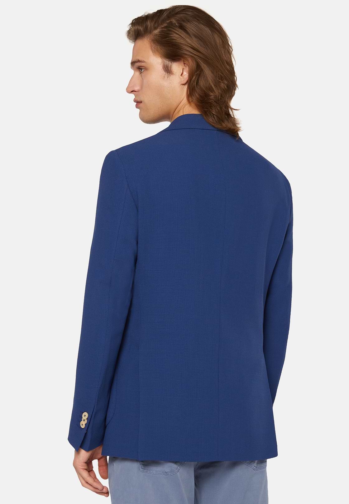 Blue Double-Breasted Jacket In Pure Wool Crepe, Blue, hi-res