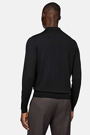 Black Merino Wool Knitted Polo Shirt, Black, hi-res