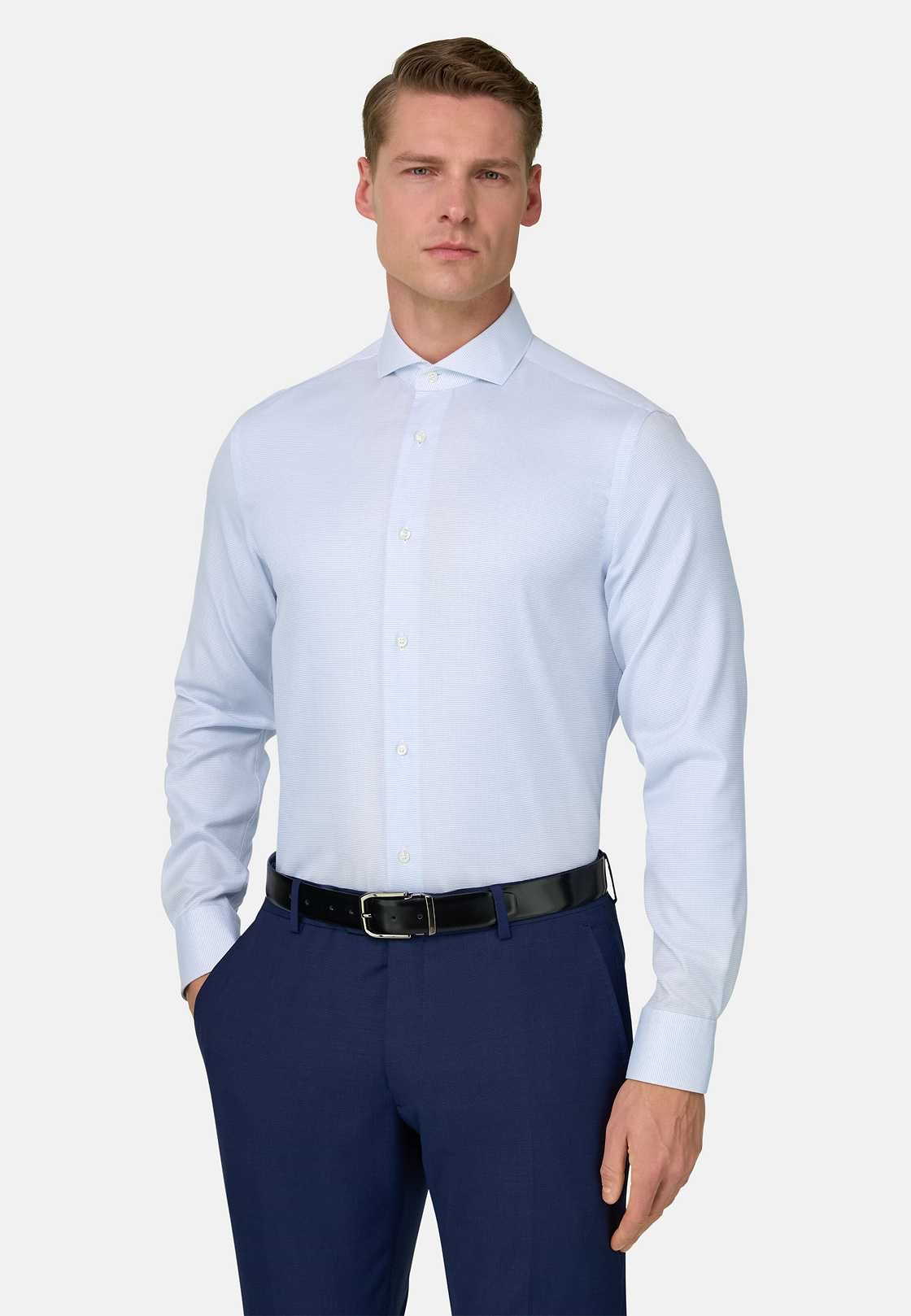Camicia In Cotone Slim Fit, Azzurro, hi-res, 1