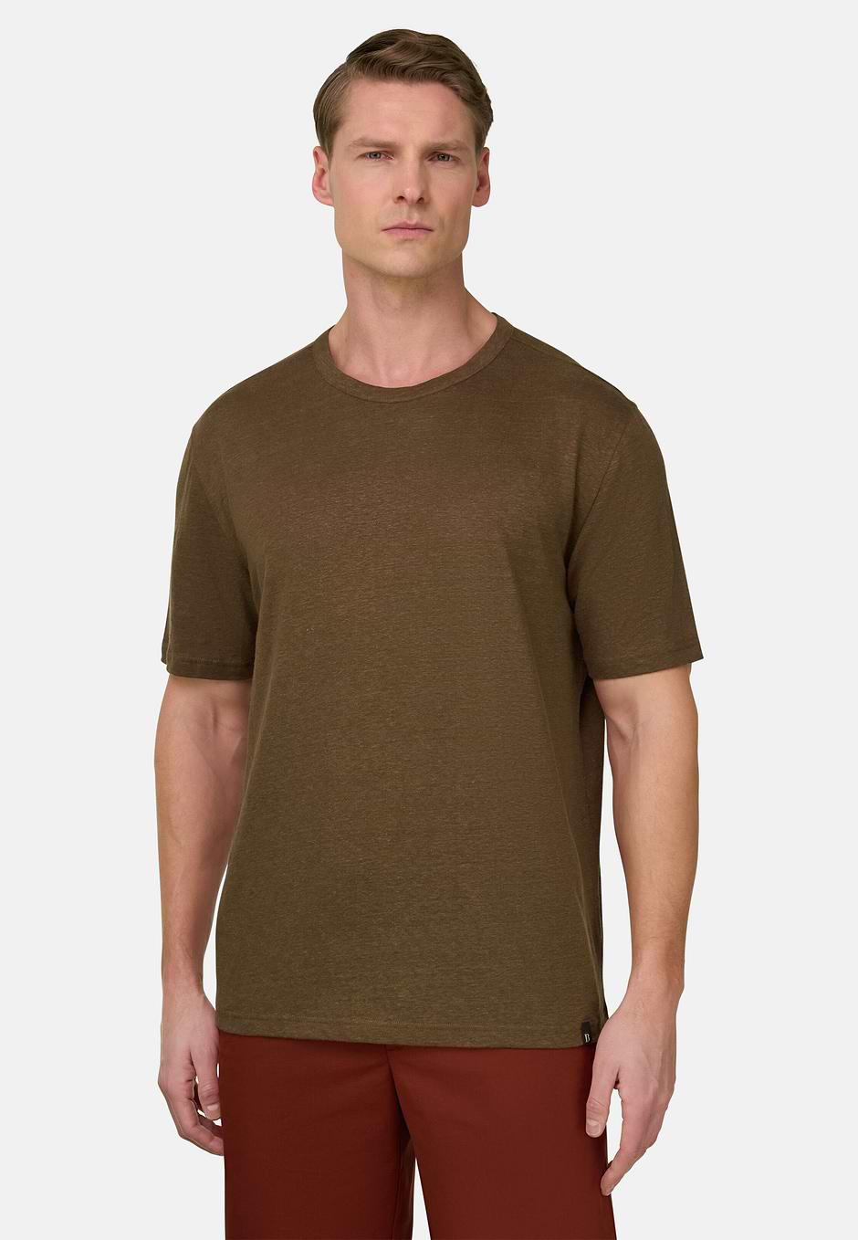T-Shirt In Jersey Di Lino Stretch Elasticizzato, Marrone, hi-res