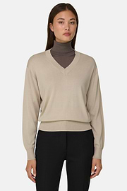 V-Neck Jumper in Merino Wool Silk, Sand, thumb, 1