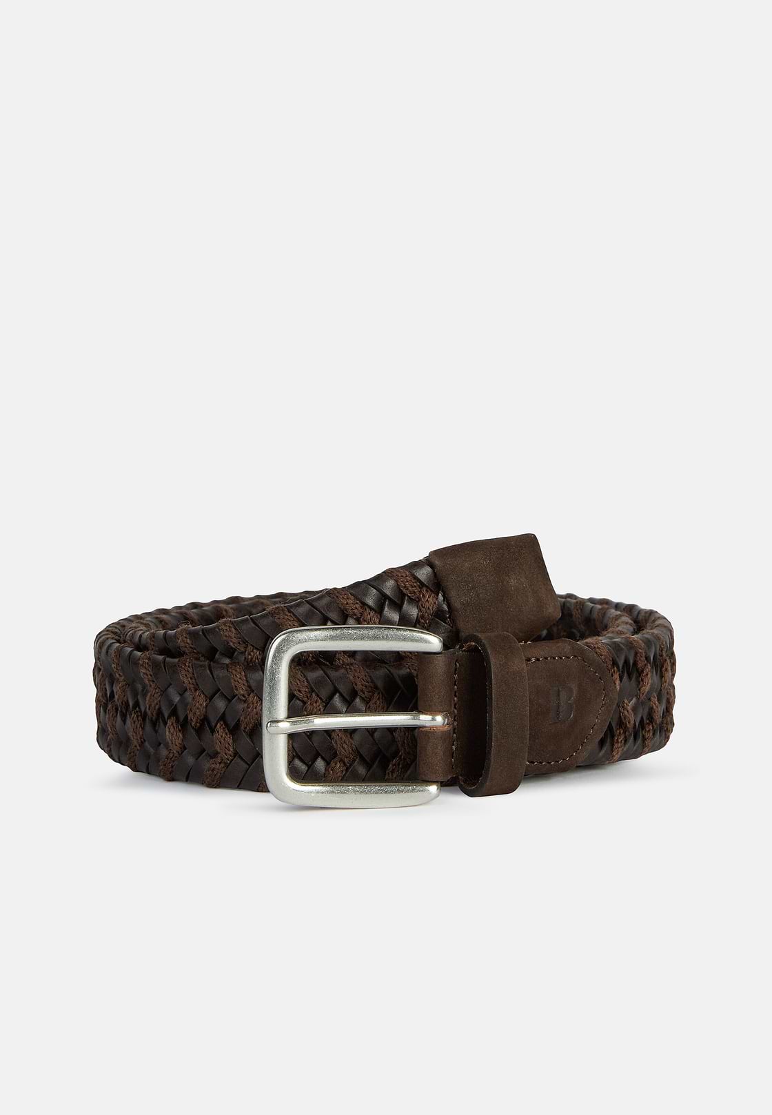 Stretch Leather/Fabric Woven Belt, Brown, hi-res