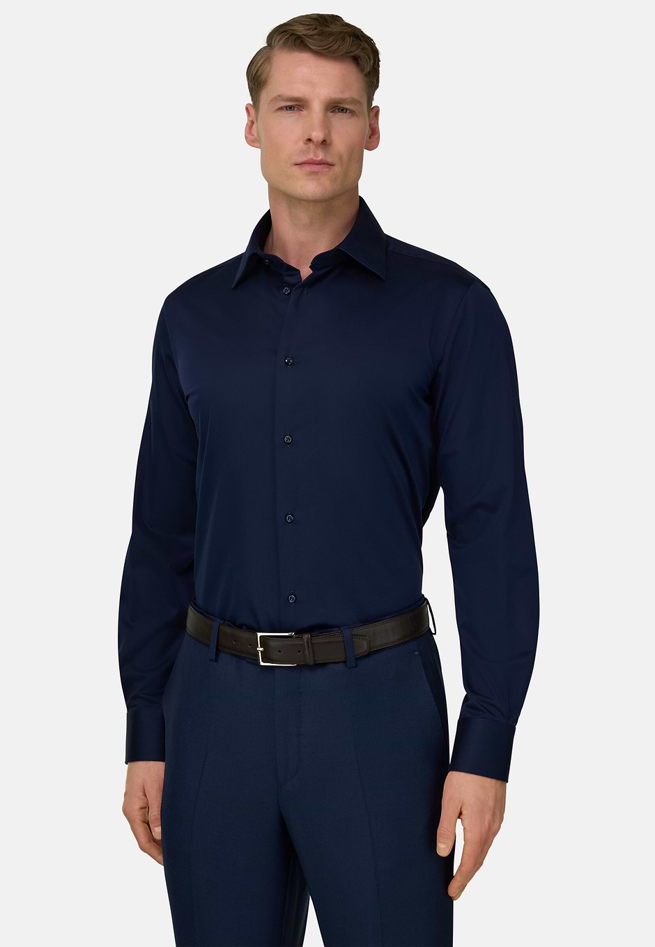 Shirt in Cotton Satin Regular Fit, Navy blue, hi-res