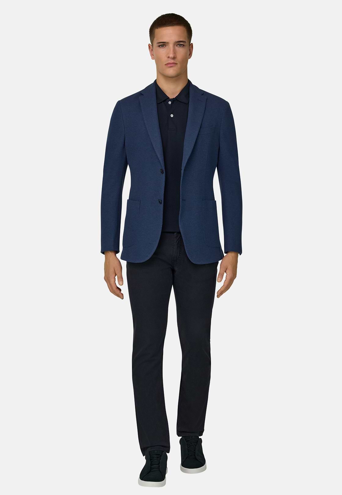B Jersey Micro Textured Jacket in Pure Cotton, Medium Blue, hi-res, 2