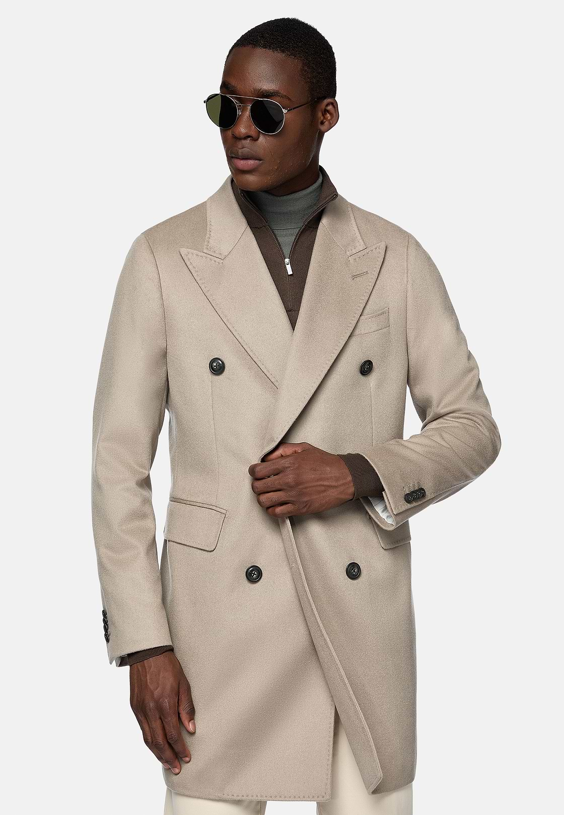 Double-Breasted Coat in Pure Cashmere., Beige, hi-res