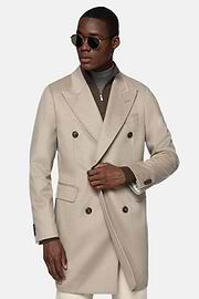 Double-Breasted Coat in Pure Cashmere., Beige, hi-res