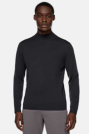 Antrazithfarbener Pullover Mit Stehkragen Aus Superfeiner Merinowolle, Holzkohle, hi-res