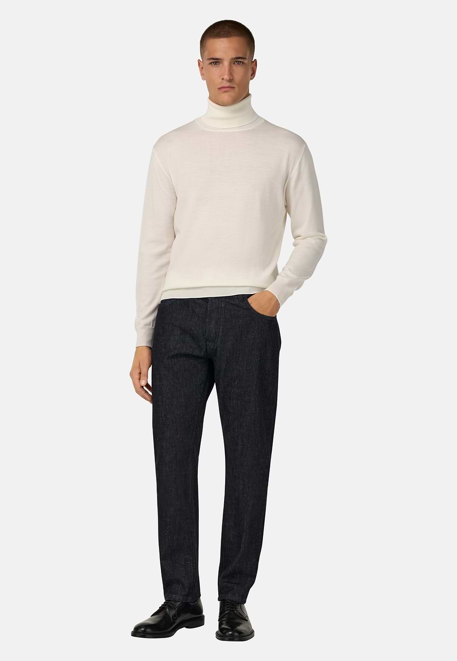 Merino Wool Polo Neck Jumper, White, hi-res